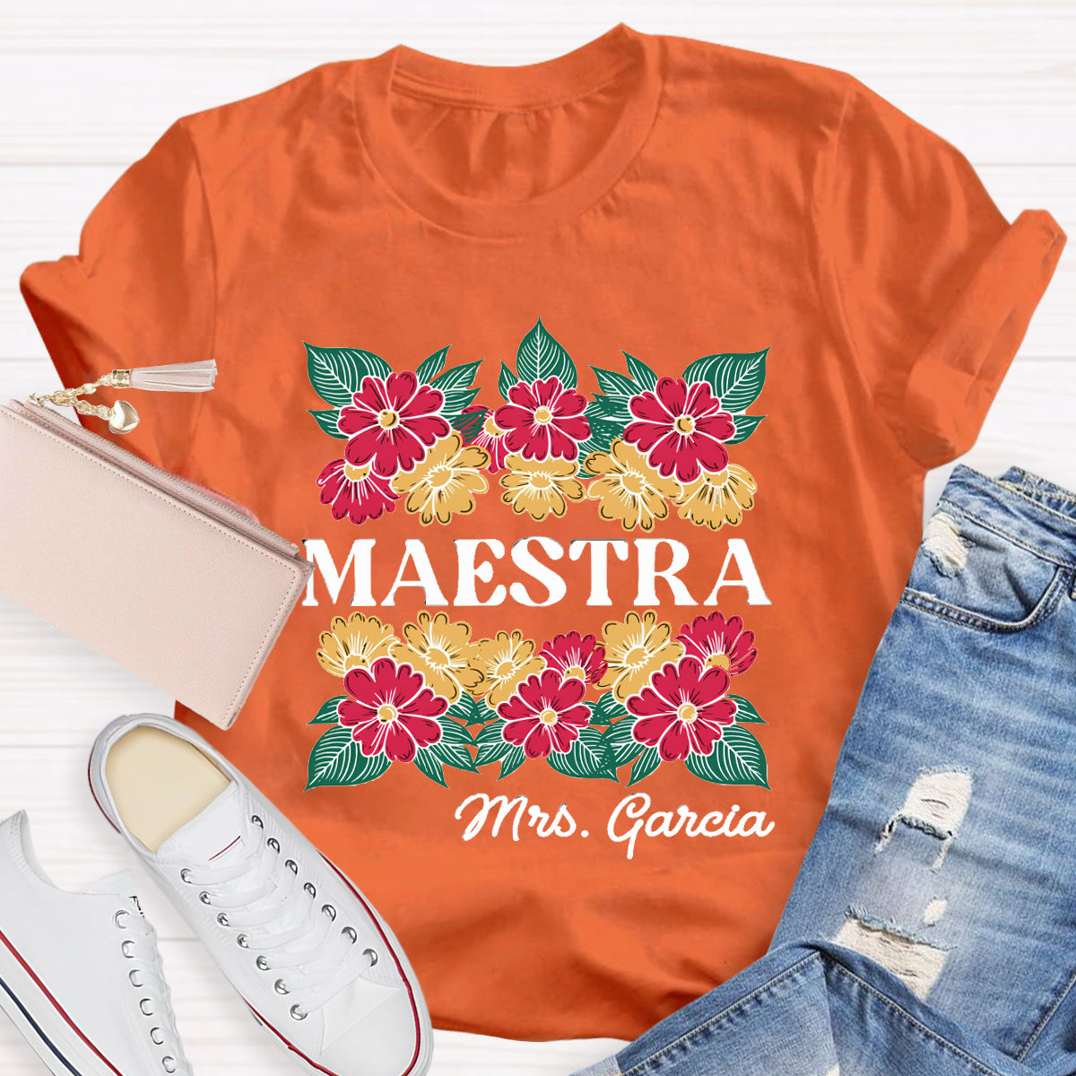 Personalized Name Floral Spanish Teacher T-Shirt