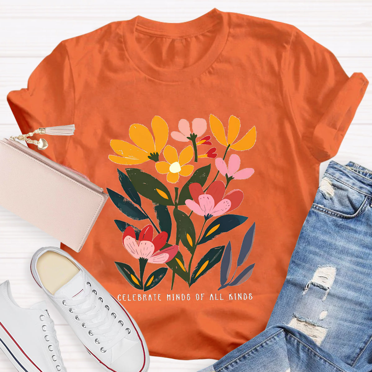 Art Flower Celebrate Minds of All Kinds Teacher T-Shirt