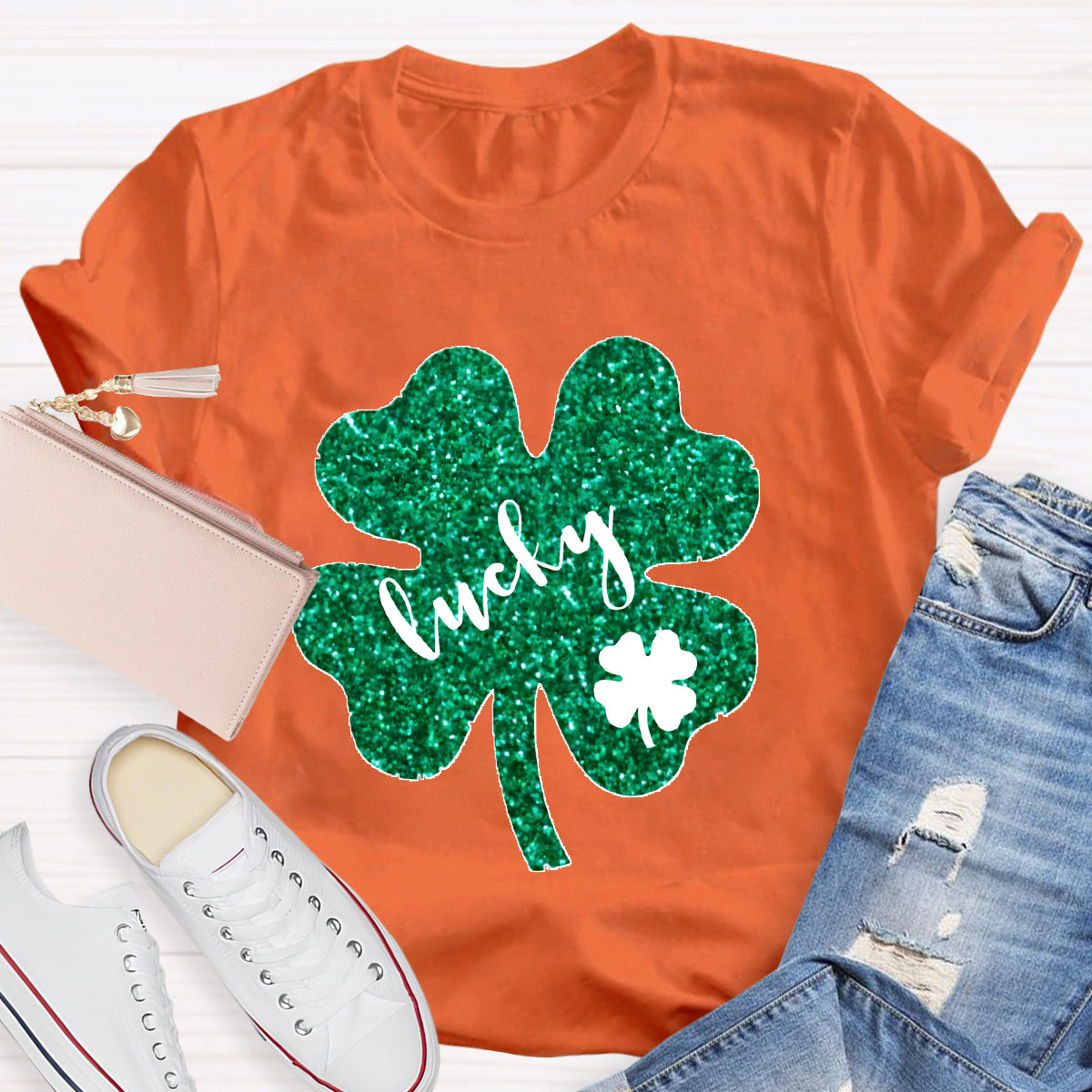 Green Glitter Shamrock Lucky Teacher T-Shirt