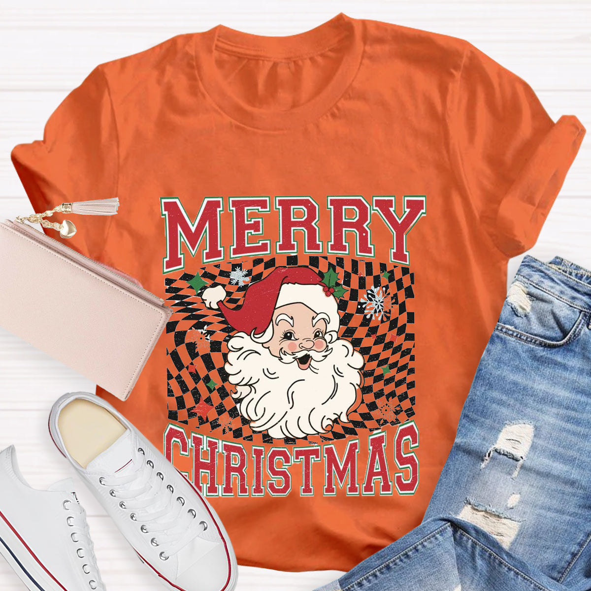 Merry Christmas Plaid Print Santa T-Shirt