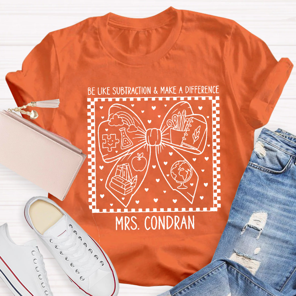 Personalized Name Be Like Subtraction Make A Difference Bow Teacher T-Shirt