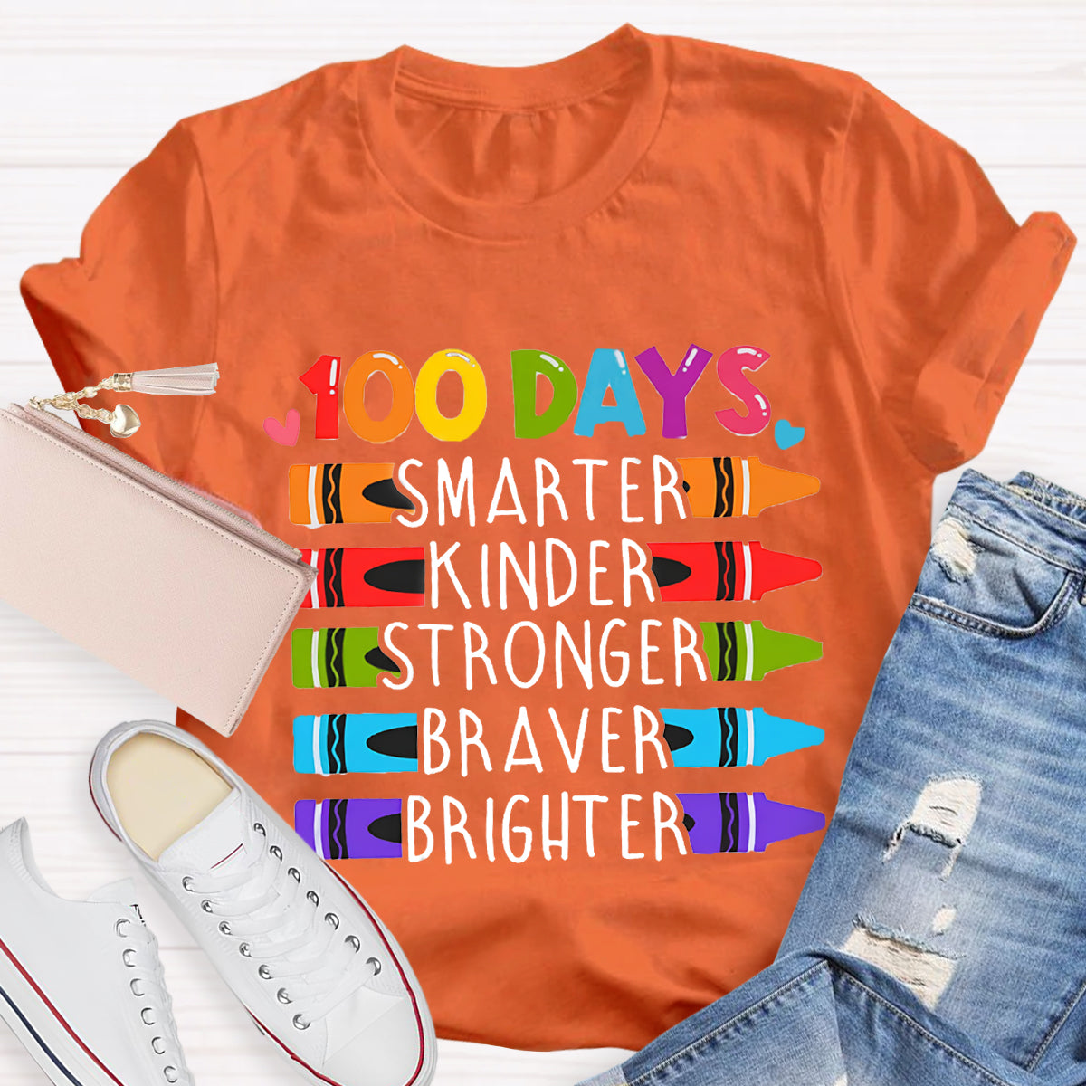 100 Days Smarter Kinder Stronger Crayon T-Shirt