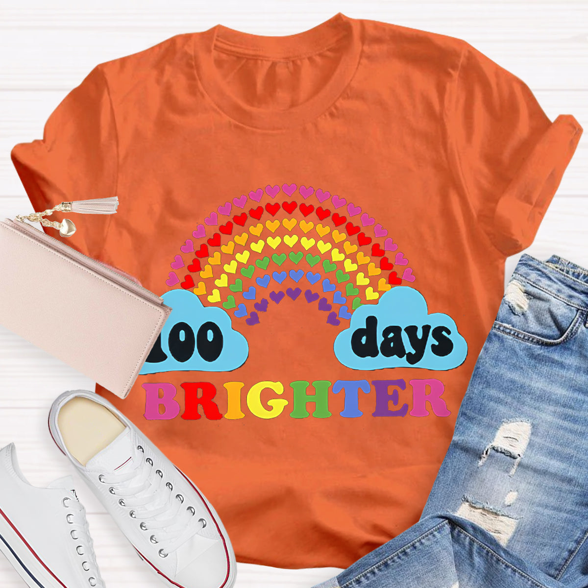 100 Days Brighter Heart Rainbow Teacher T-Shirt