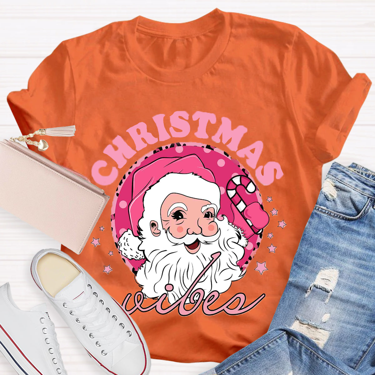 Christmas Vibes Pink Santa Claus T-Shirt