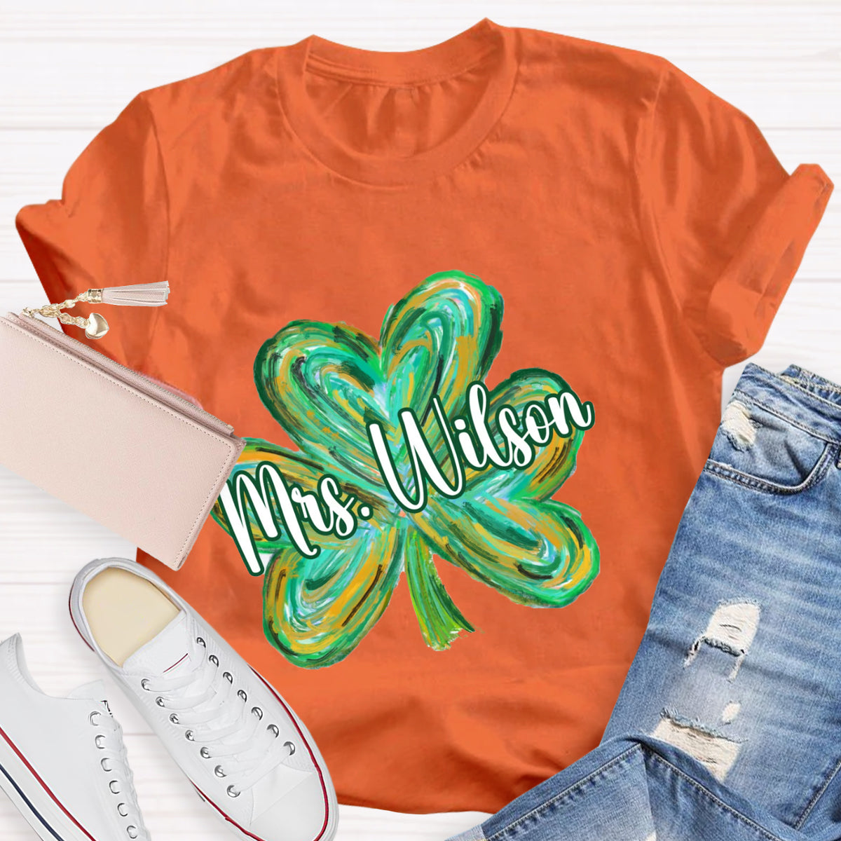 Personalized Name Colorful Shamrock Teacher T-Shirt