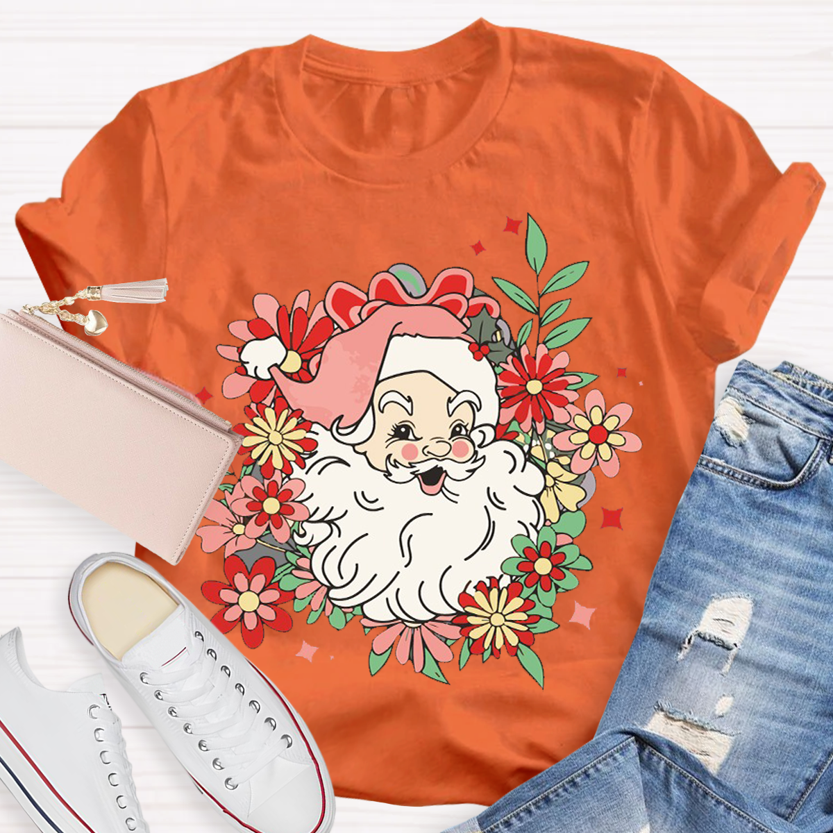 Flower Design Santa Christmas Teacher T-Shirt