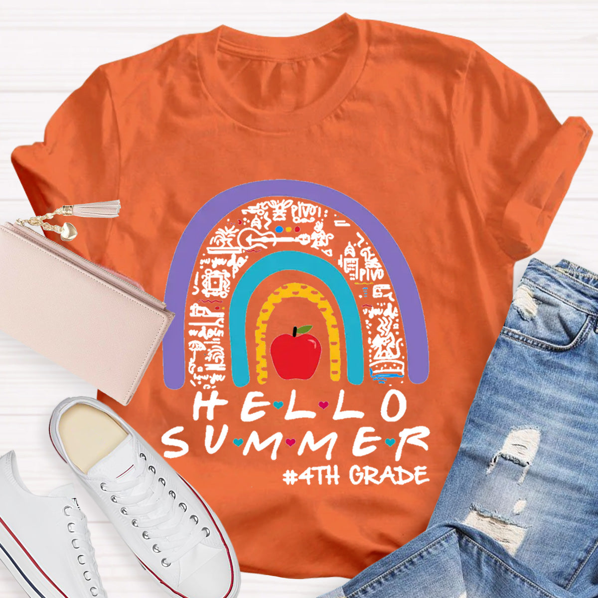 Personalized Grade Hello Summer Apple Rainbow Teacher T-Shirt
