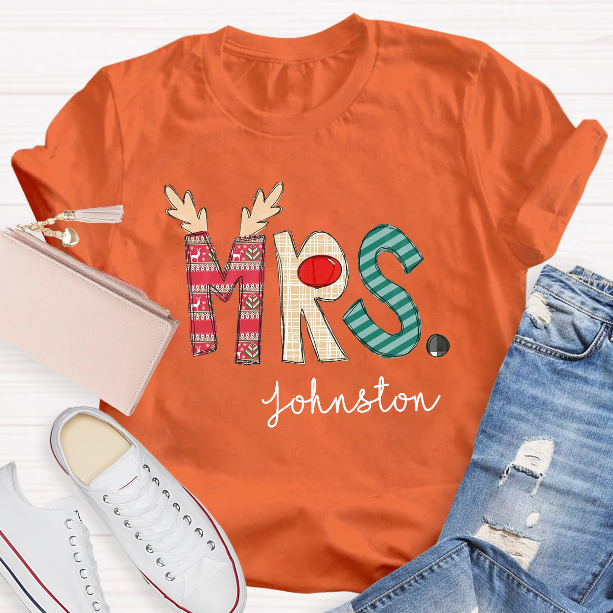 Personalized Christmas Classic Pattern Teacher Name Teacher T-Shirt