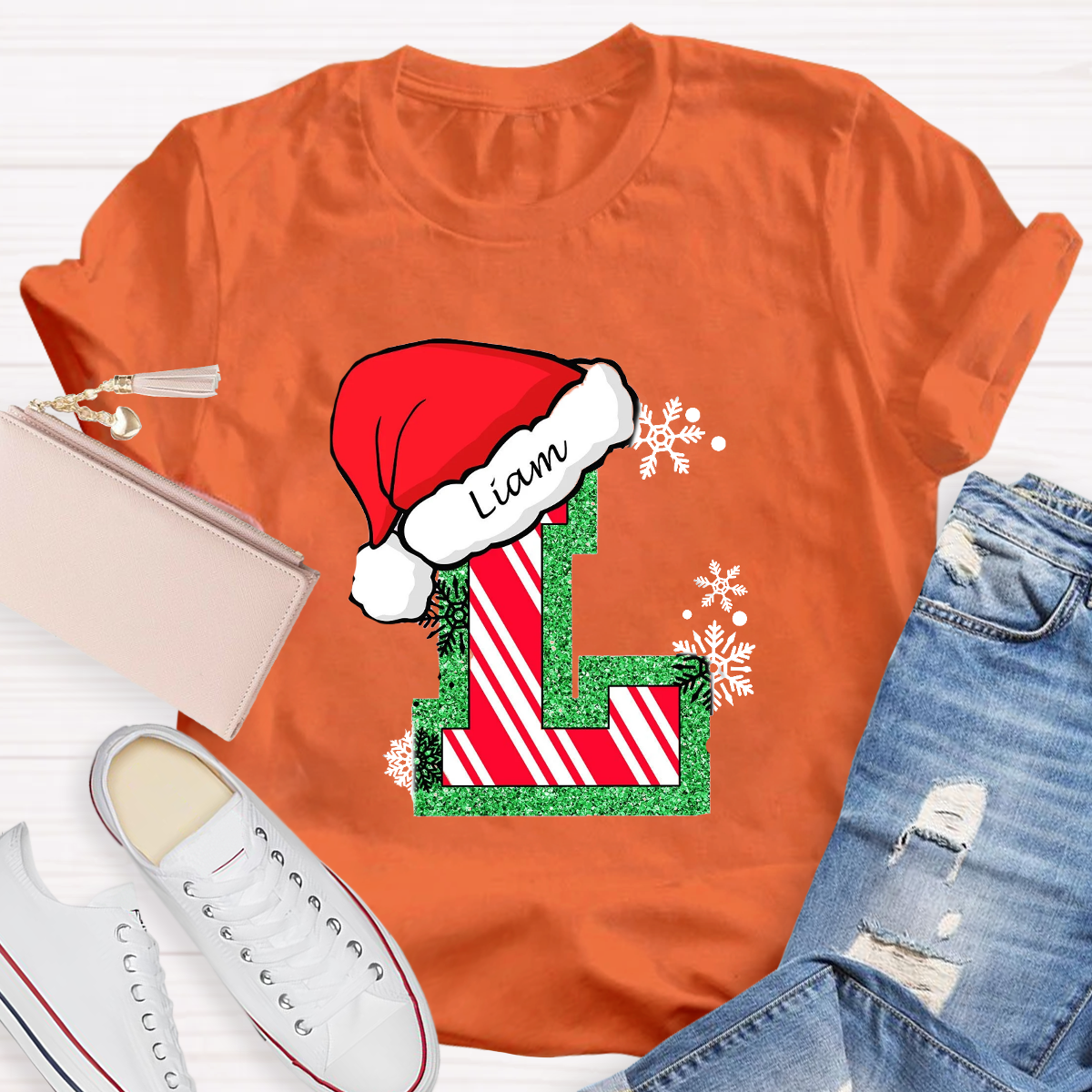 Personalized Name Merry Christmas Santa Holiday Green Red Glitter T-Shirt