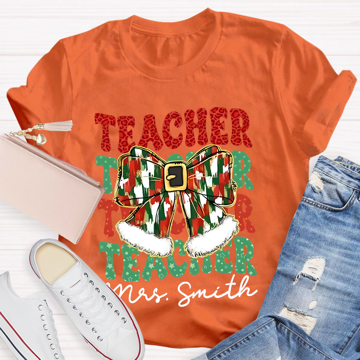 Personalized Name Bow Christmas Teacher T-Shirt