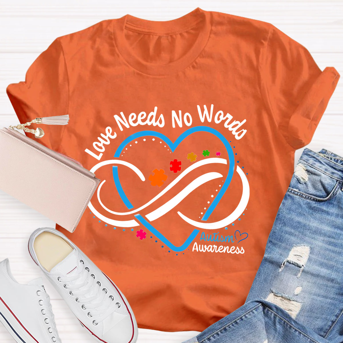 Love Needs No Words Autism Awareness Blue Heart Teacher T-Shirt