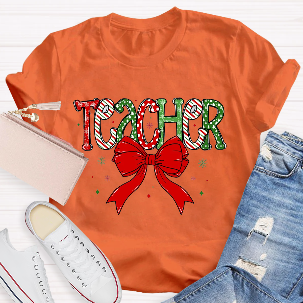 Christmas Bow Doodle Teacher T-Shirt