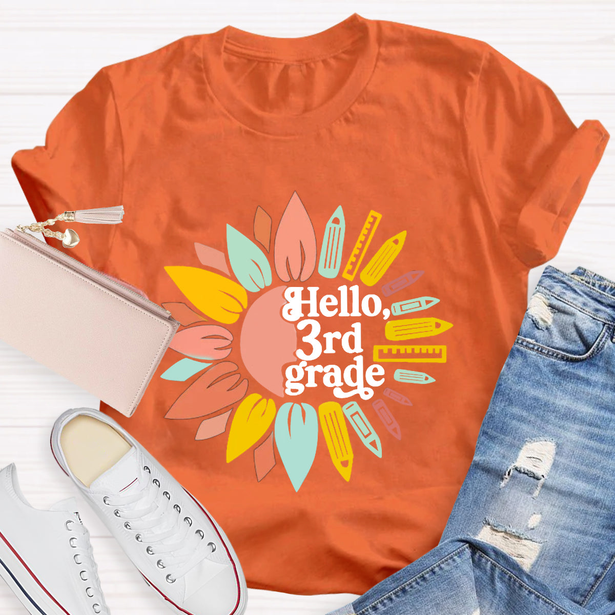 Personalized Grade Hello 3rd Grade Sunlower Teacher T-Shirt