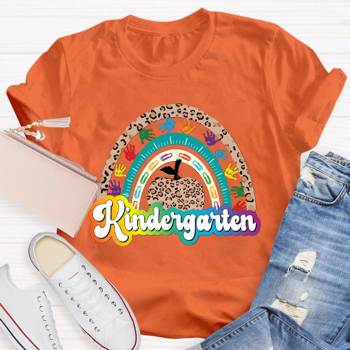 Personalized Grade Leopard Apple Rainbow Teacher T-Shirt