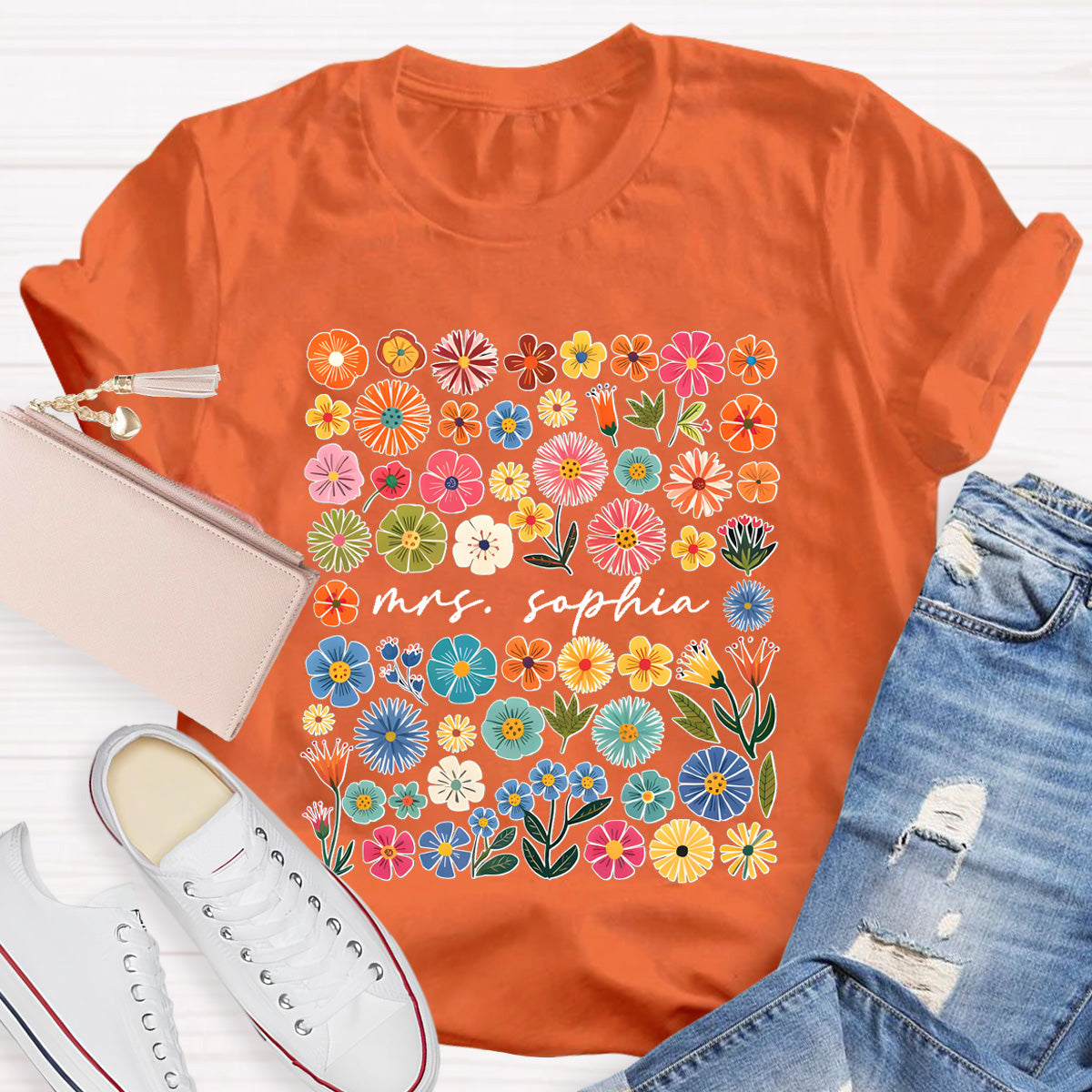 Personalized Name Vintage Florals l Teacher T-Shirt
