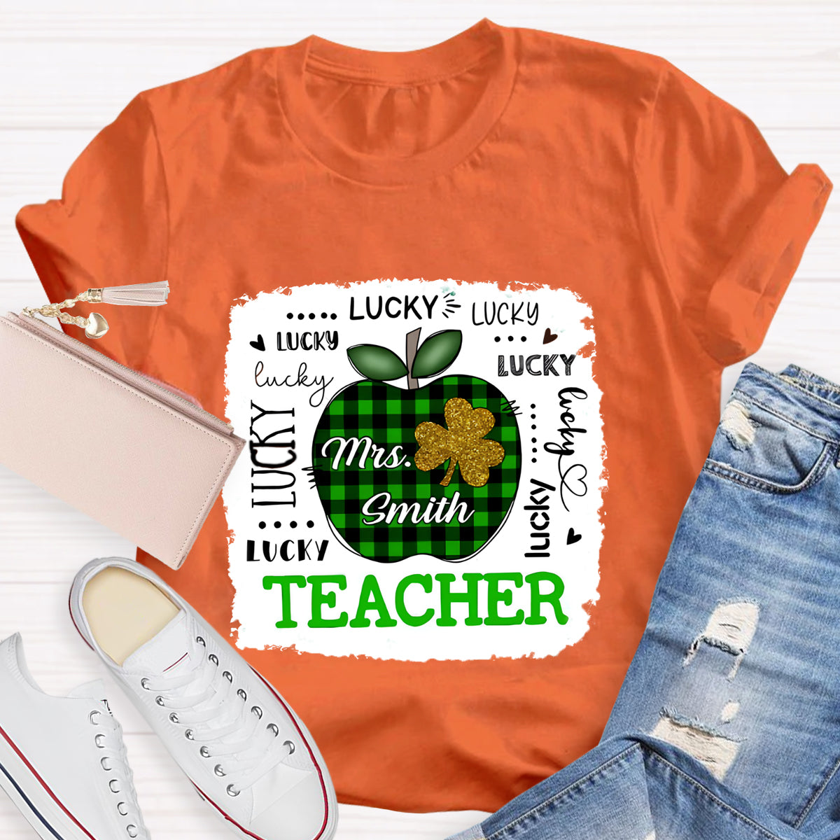 Personalized Name Lucky Teacher Green Apple T-Shirt