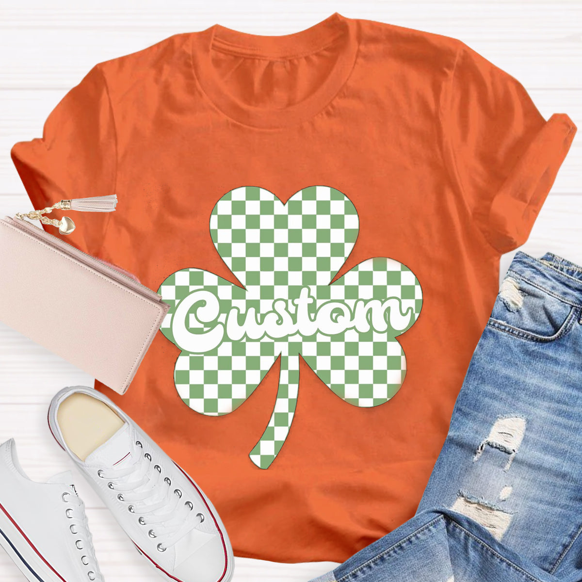 Personalized Name Checkered Clover Teacher T-Shirt