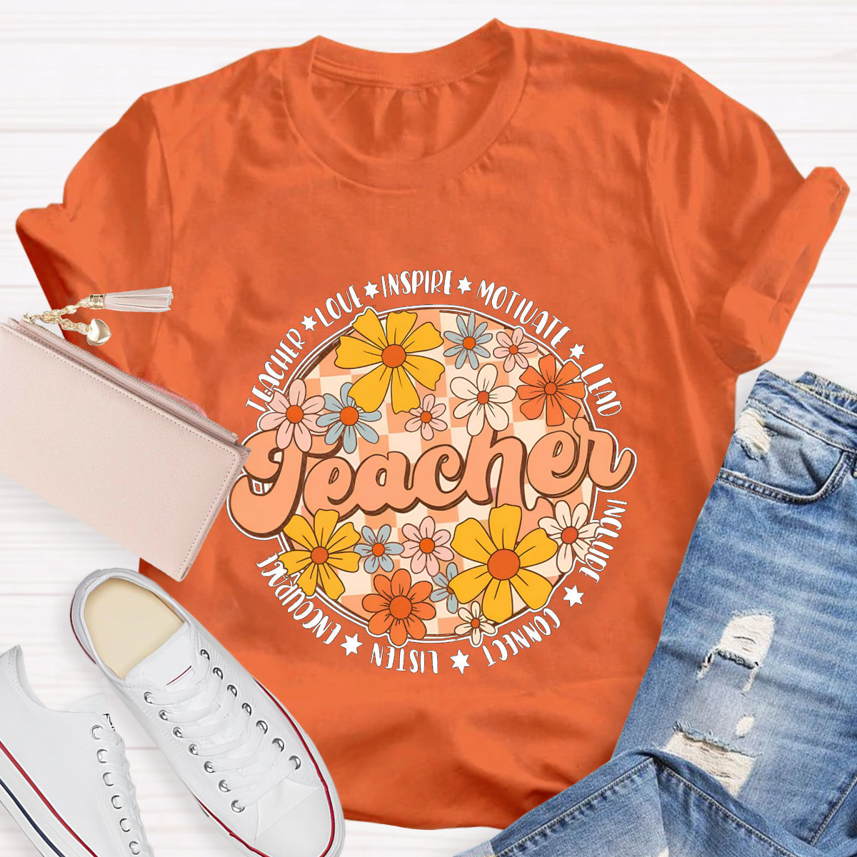 Love Motivate Inspire Floral Teacher T-Shirt