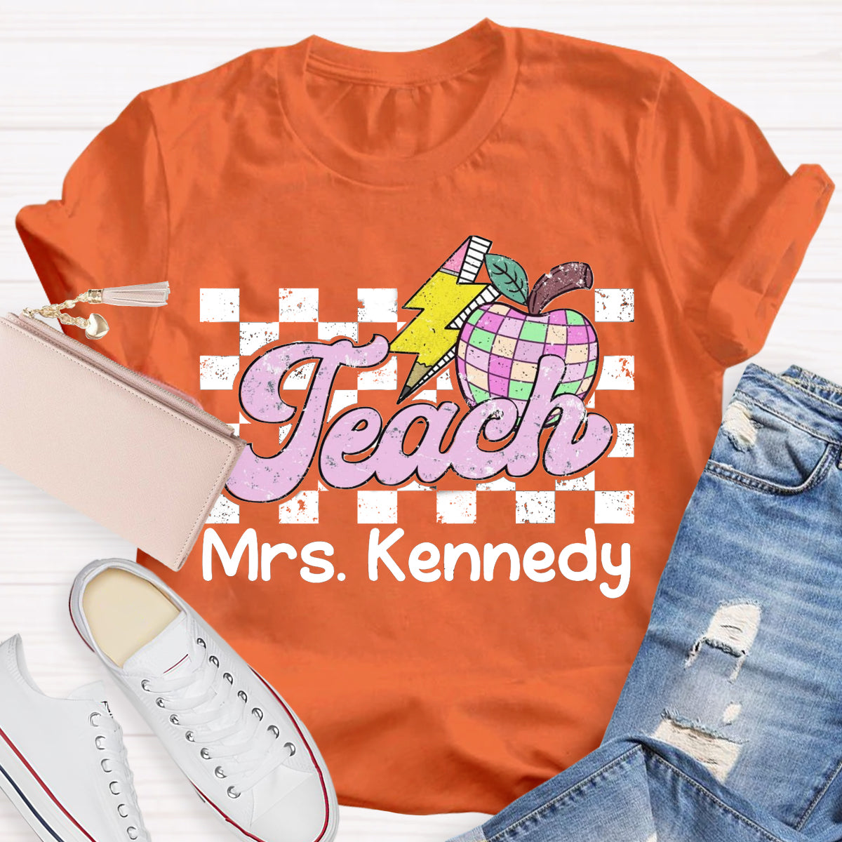 Personalized Teacher Name Retro Checkered Teacher T-Shirt