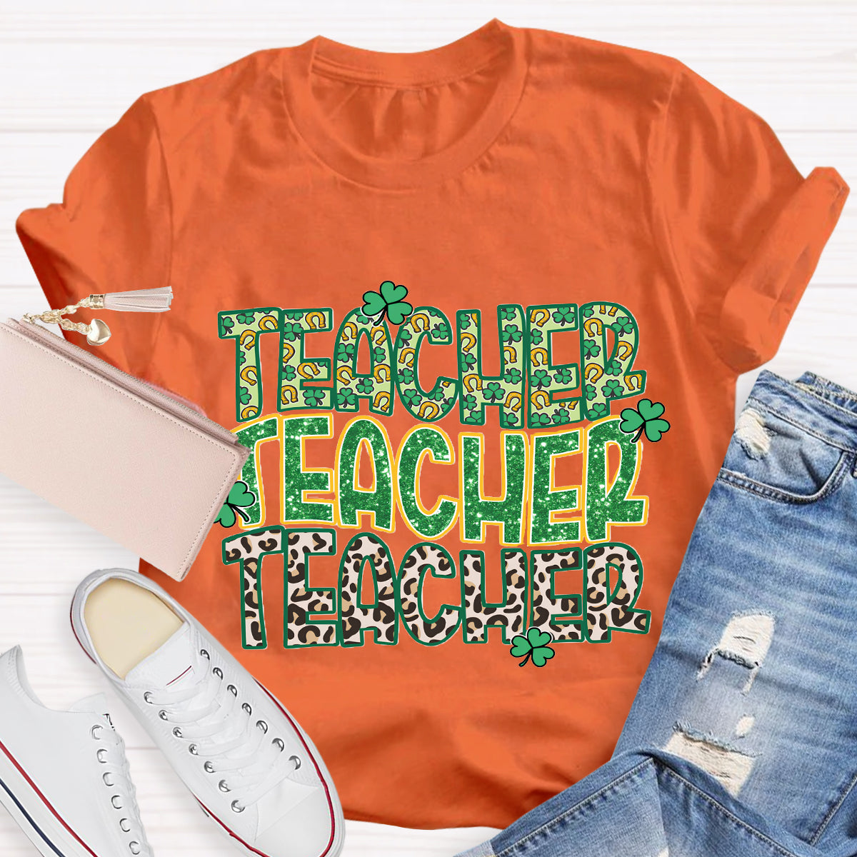 Green Clover Leopard Print Design Teacher T-Shirt