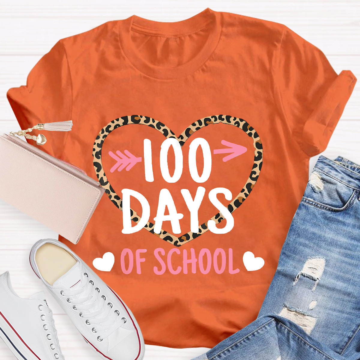 100 Days Of School Leopard Heart T-Shirt