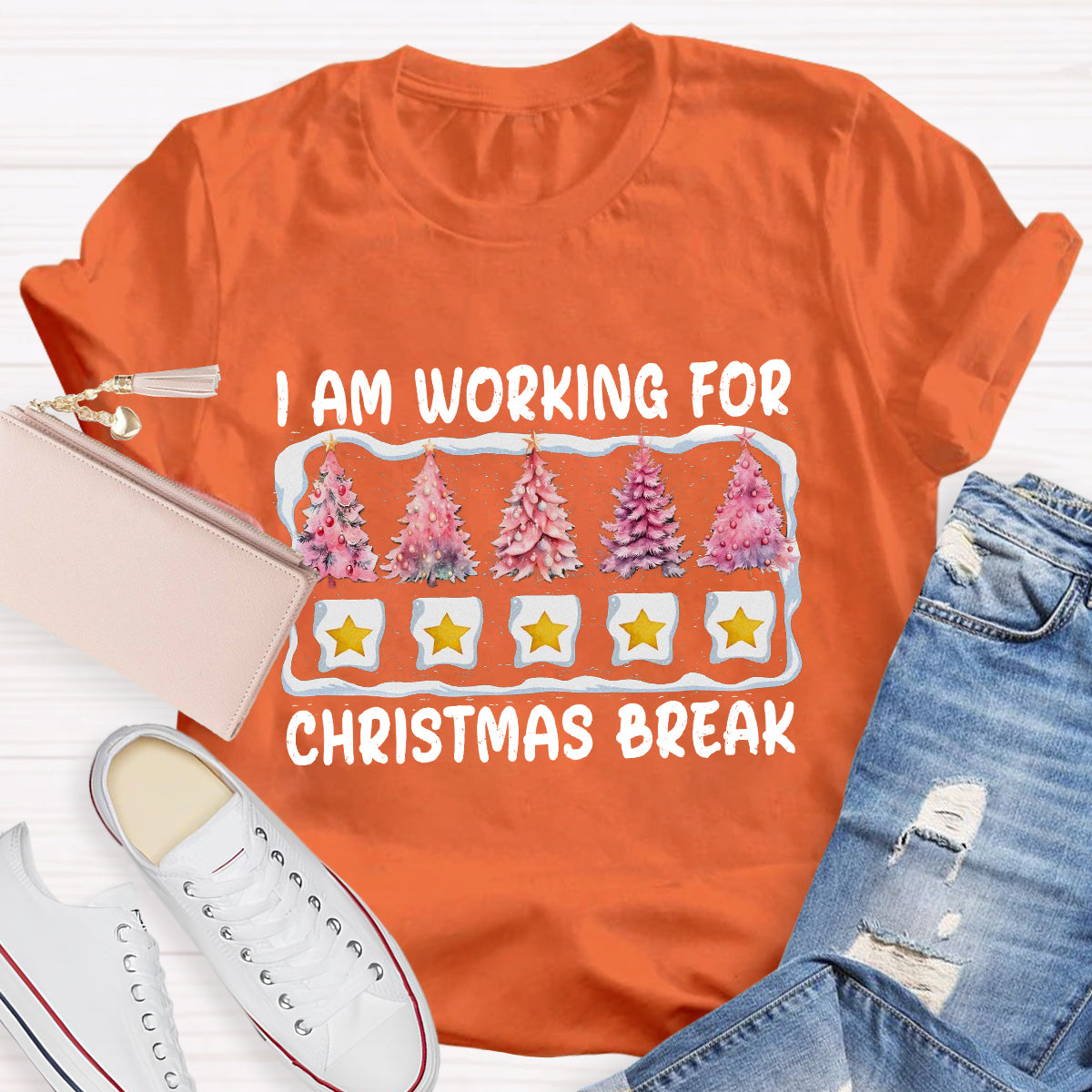 I'm Working For Christmas Break Pink Tree T-Shirt