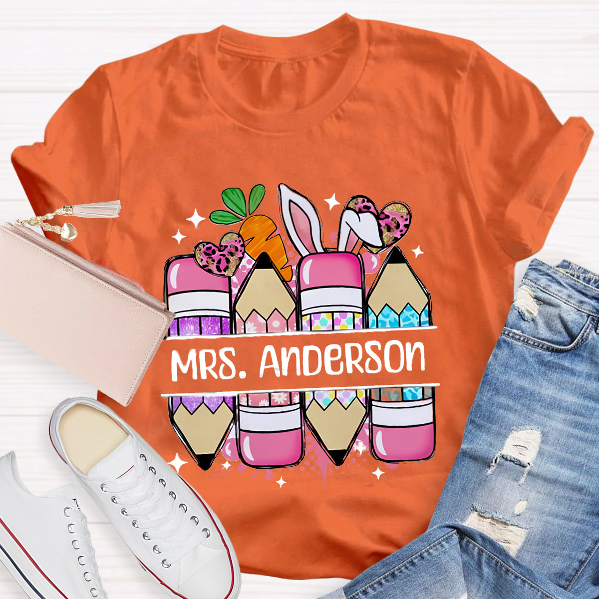 Personalized Name Cute Easter Pencils Teacher T-Shirt