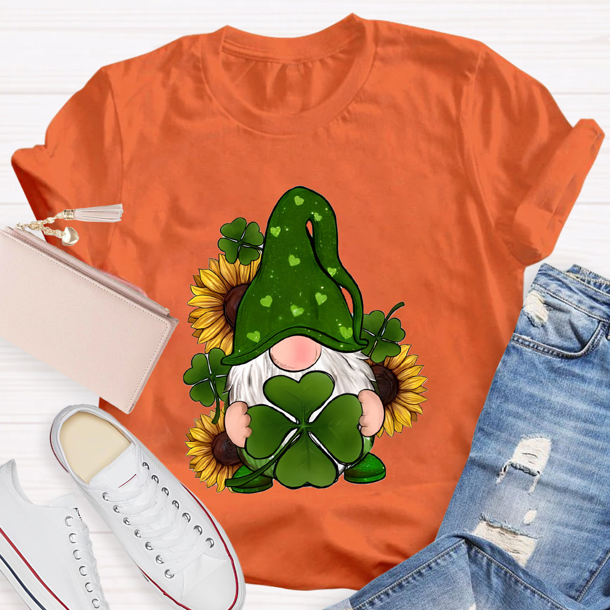 St. Patricks Day Gnome With Sunflowers Teacher T-Shirt