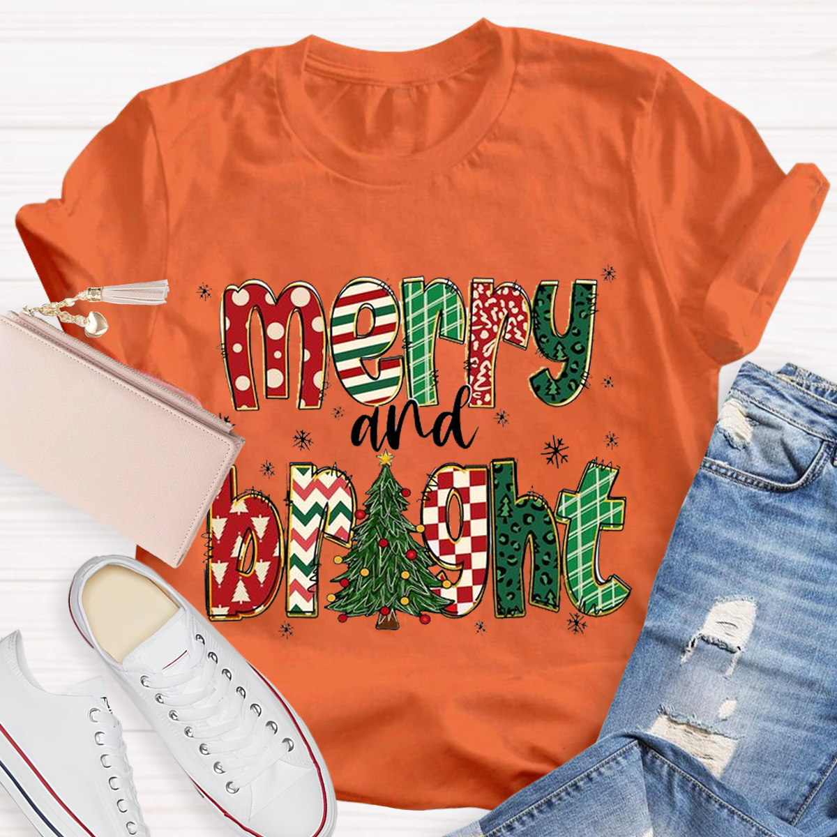 Merry and Bright Retro Christmas Tree Teacher T-Shirt