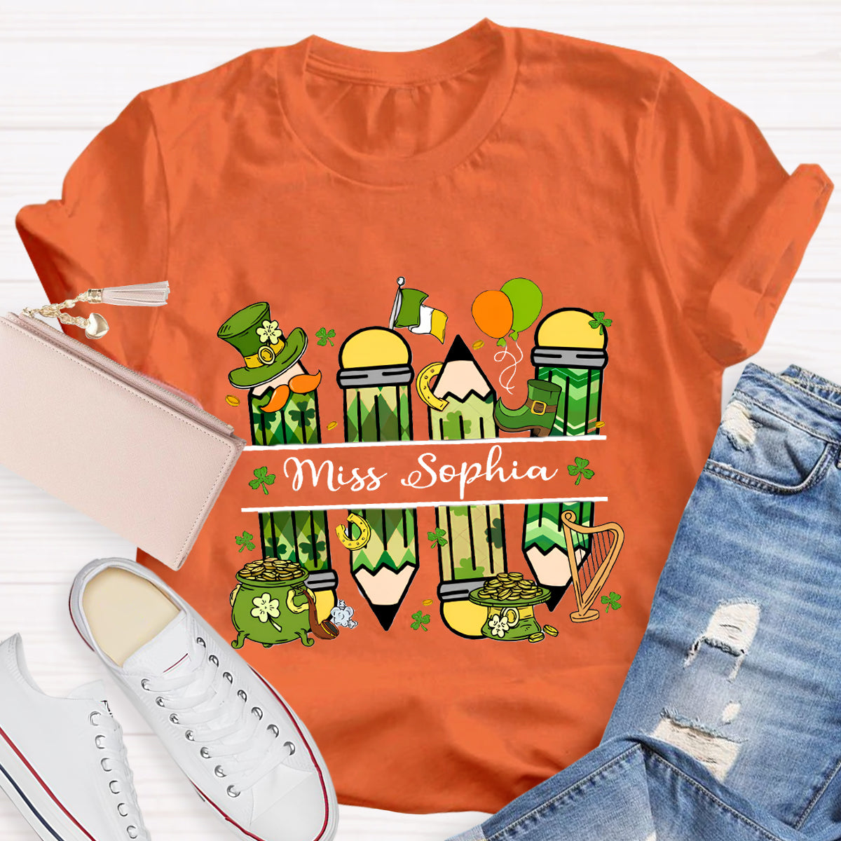 Personalized Name Green Pencil Teacher T-Shirt