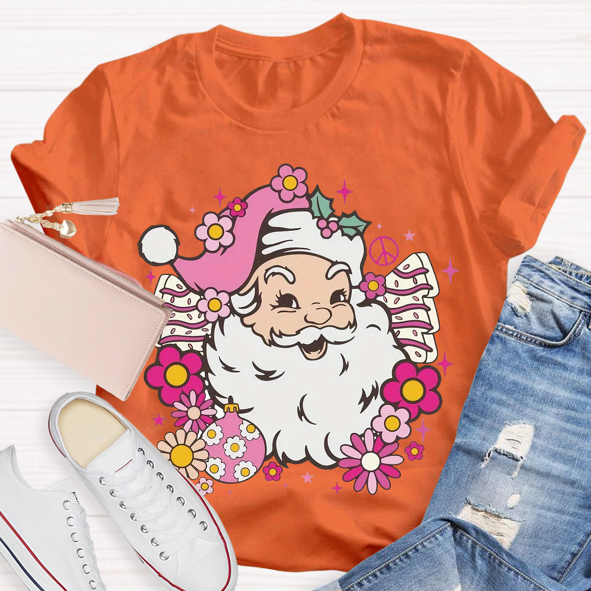 Hippie Santa Groovy Peace Christmas Teacher T-Shirt