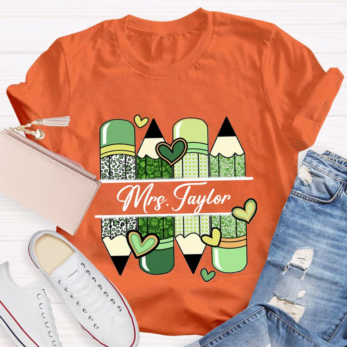 Personalized Name Green Heart Pencil Teacher T-Shirt