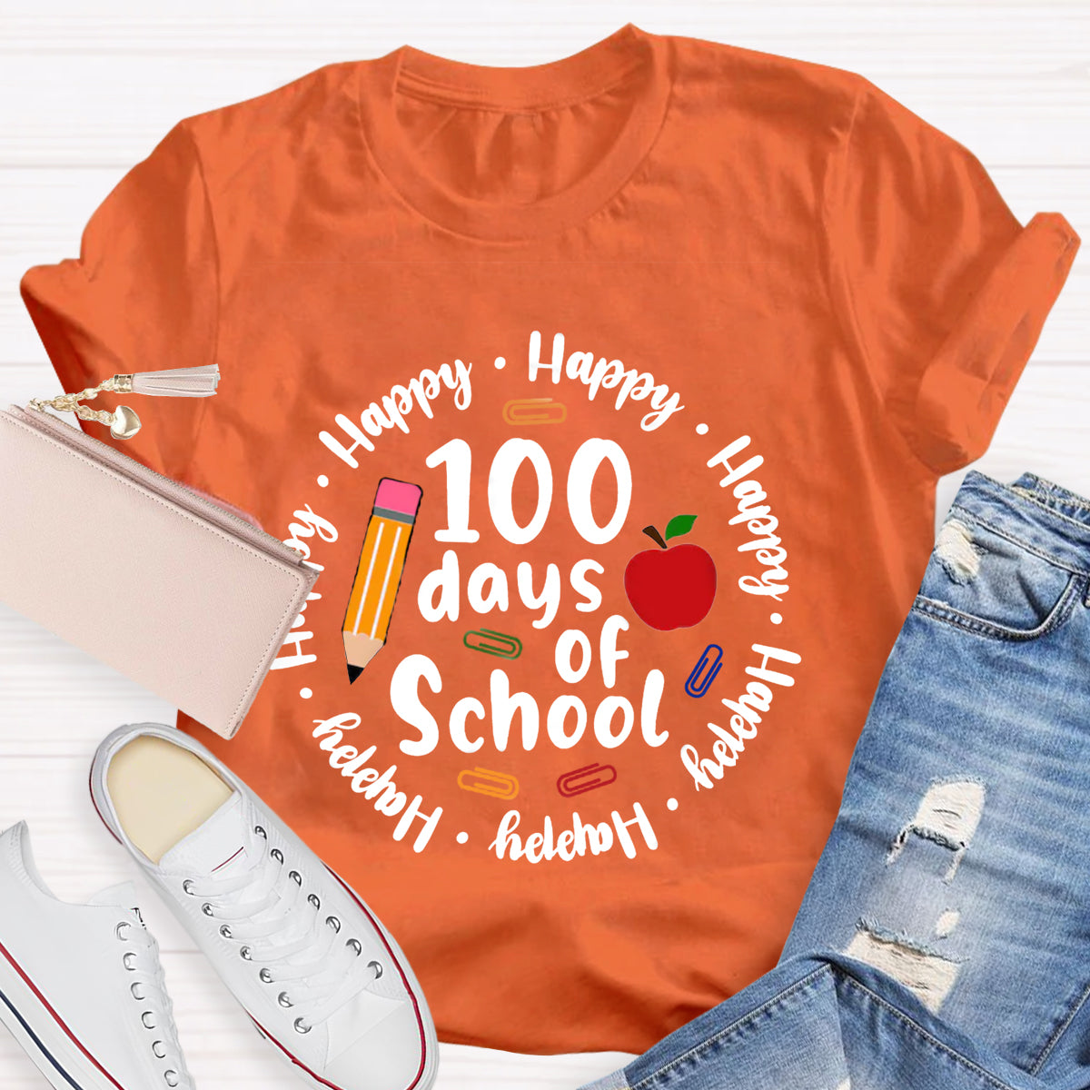 Happy 100 Days Of School Apple Pencil Teacher T-Shirt