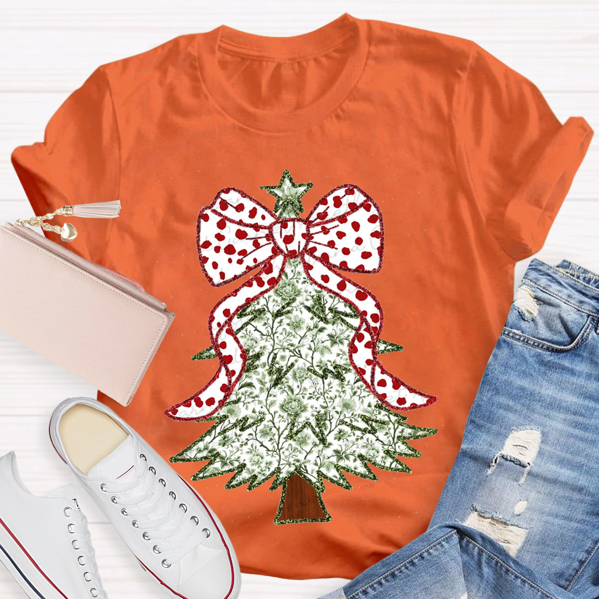 Red and Green Grandmillennial Coquette Gold Glitter Christmas Tree Teacher T-Shirt