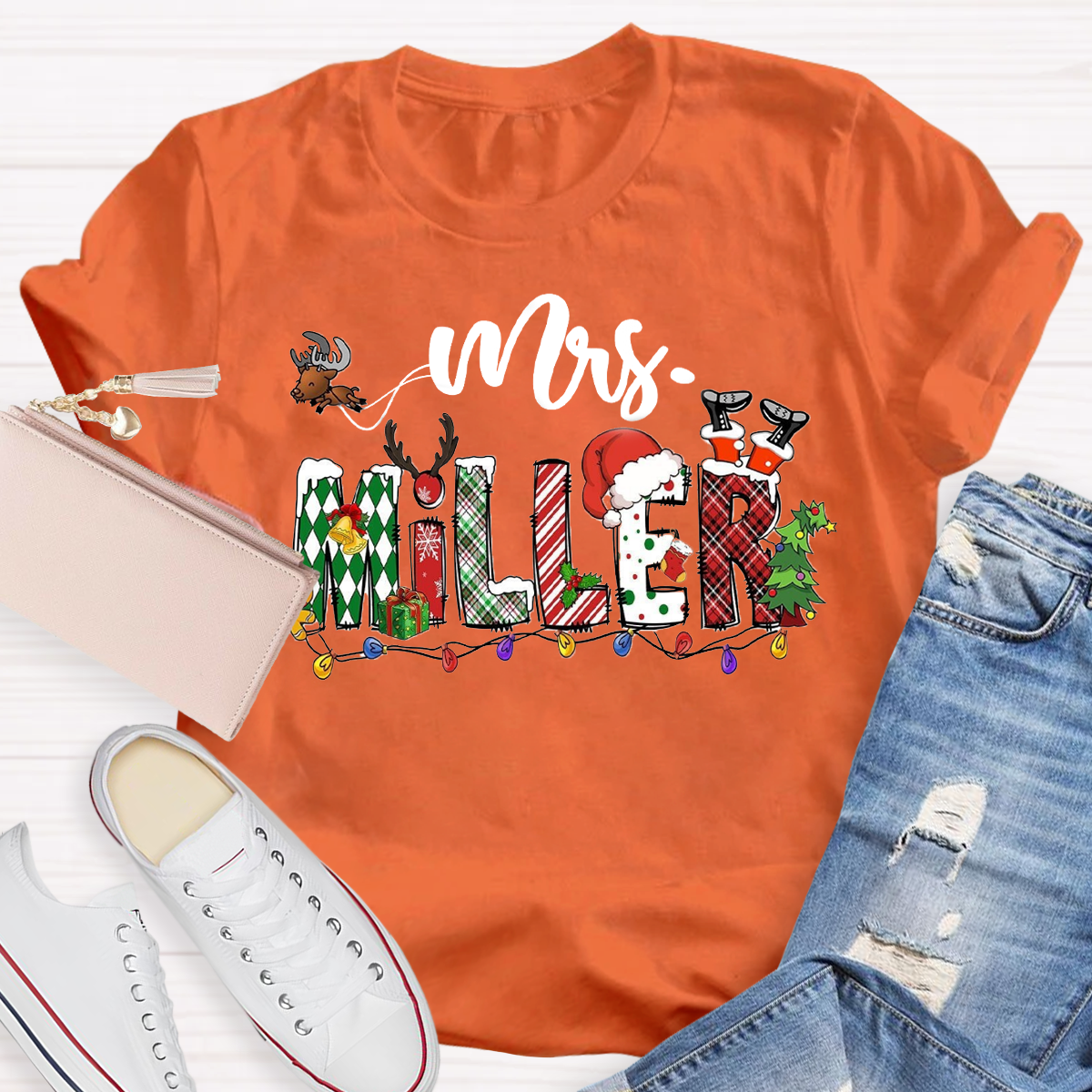 Personalized Name Santa Hat and Eelk Teacher T-Shirt