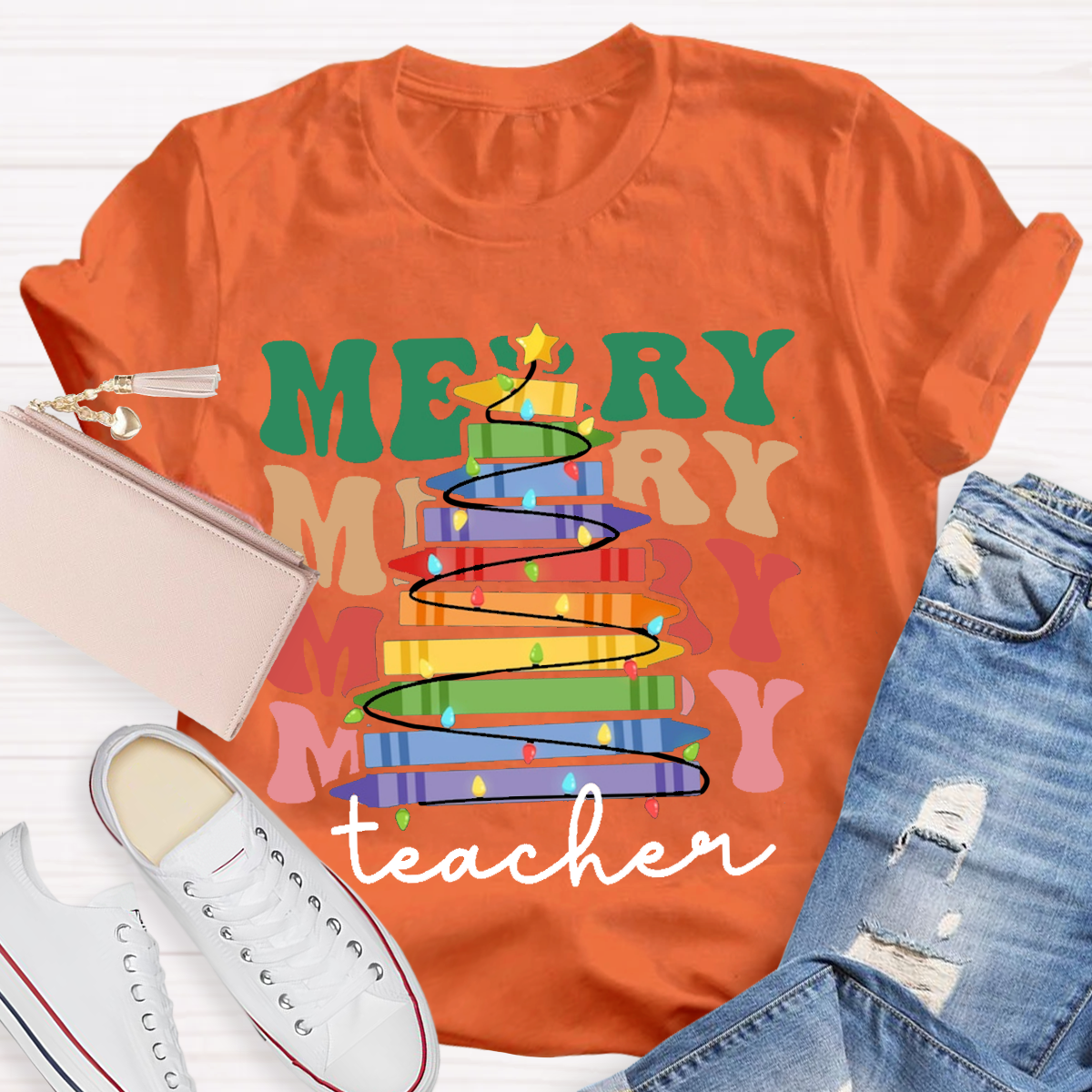 Crayon Christmas Tree Teacher T-Shirt