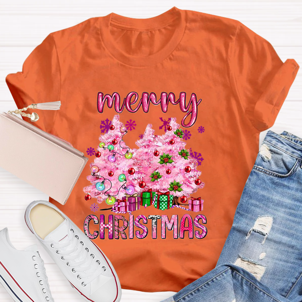 Pink Tree Christmas Teacher T-Shirt