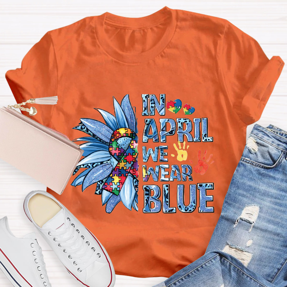 In April We Wear Blue Autism Awareness Puzzle Piece T-Shirt