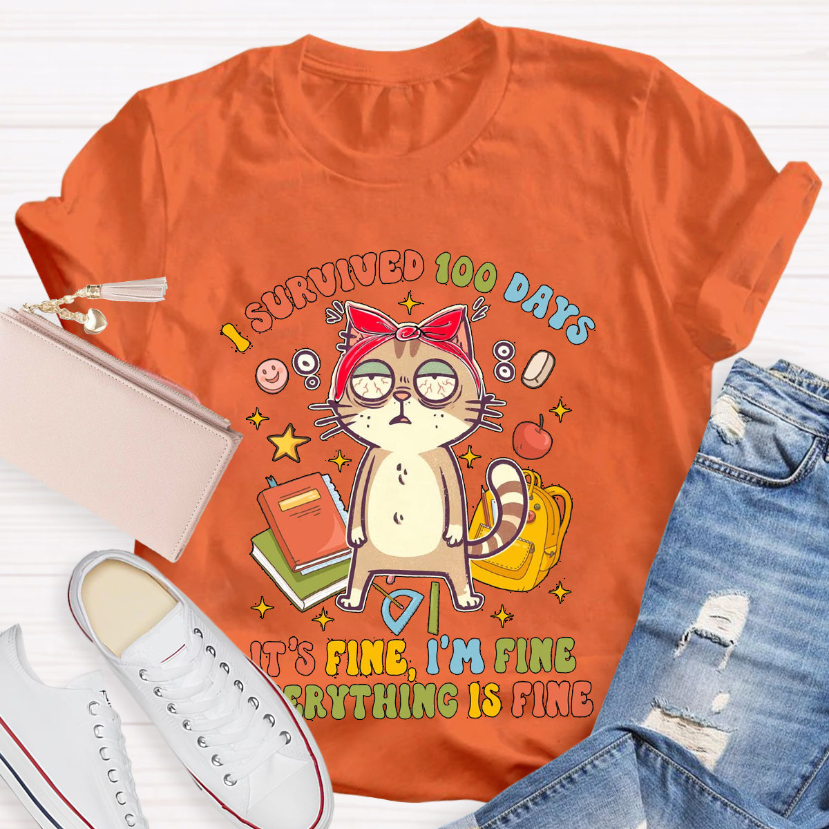 I Survived 100 Days Everything Is Fine Funny Cat  T-Shirt