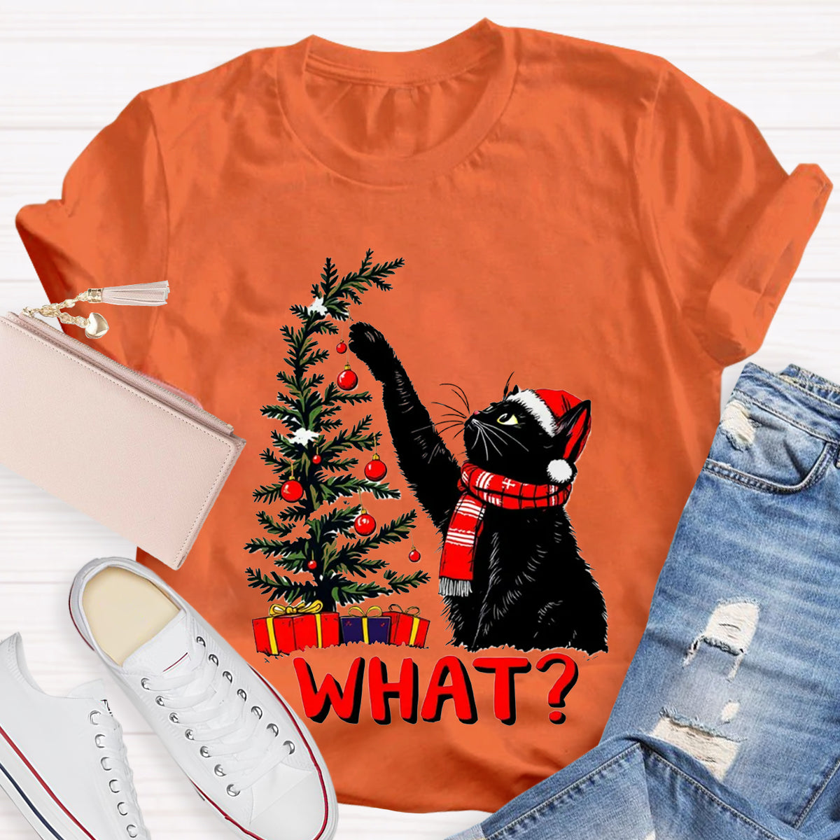 Black Cat Pushing Christmas Tree T-Shirt