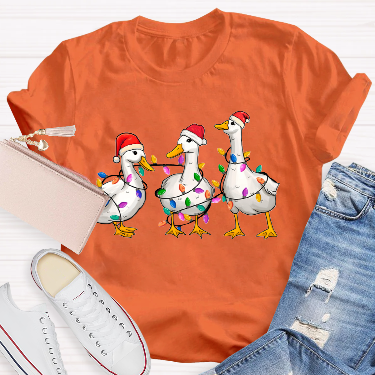 Christmas Ducks With Colorful Lights Teacher T-Shirt