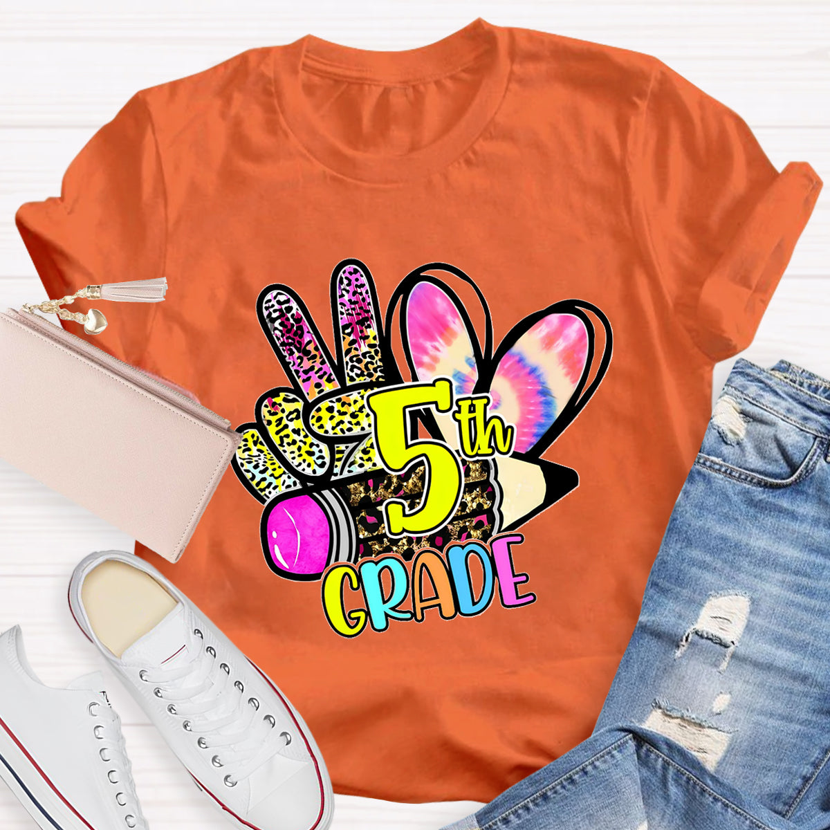 Personalized Grade Colorful  Leopard Heart  5th Grade Teacher T-Shirt