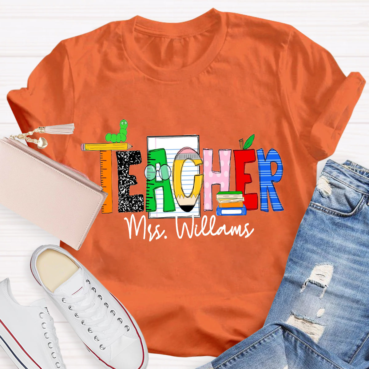 Personalized Teacher Name Caterpillar Exploring Knowledge Teacher T-Shirt