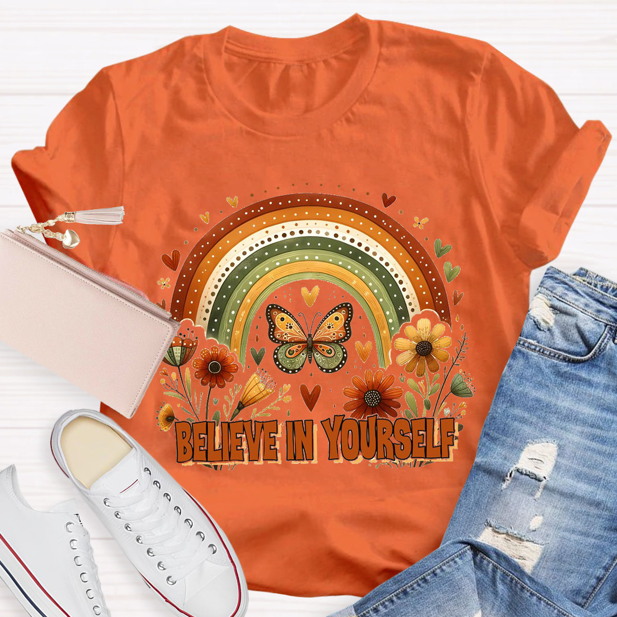 Believe In Yourself Floral Butterfly Teacher T-Shirt