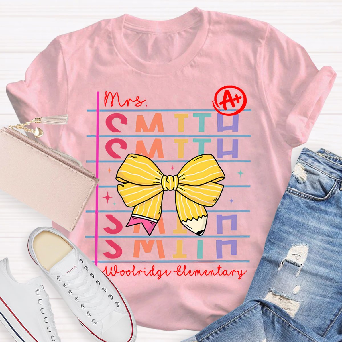 Personalized Teachers Name And School Name Bow pencil design T-Shirt