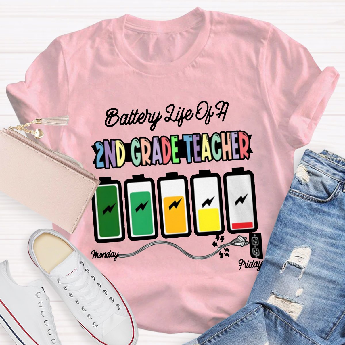 Personalized Battery Life Of A 2nd Grade Teacher Shirt