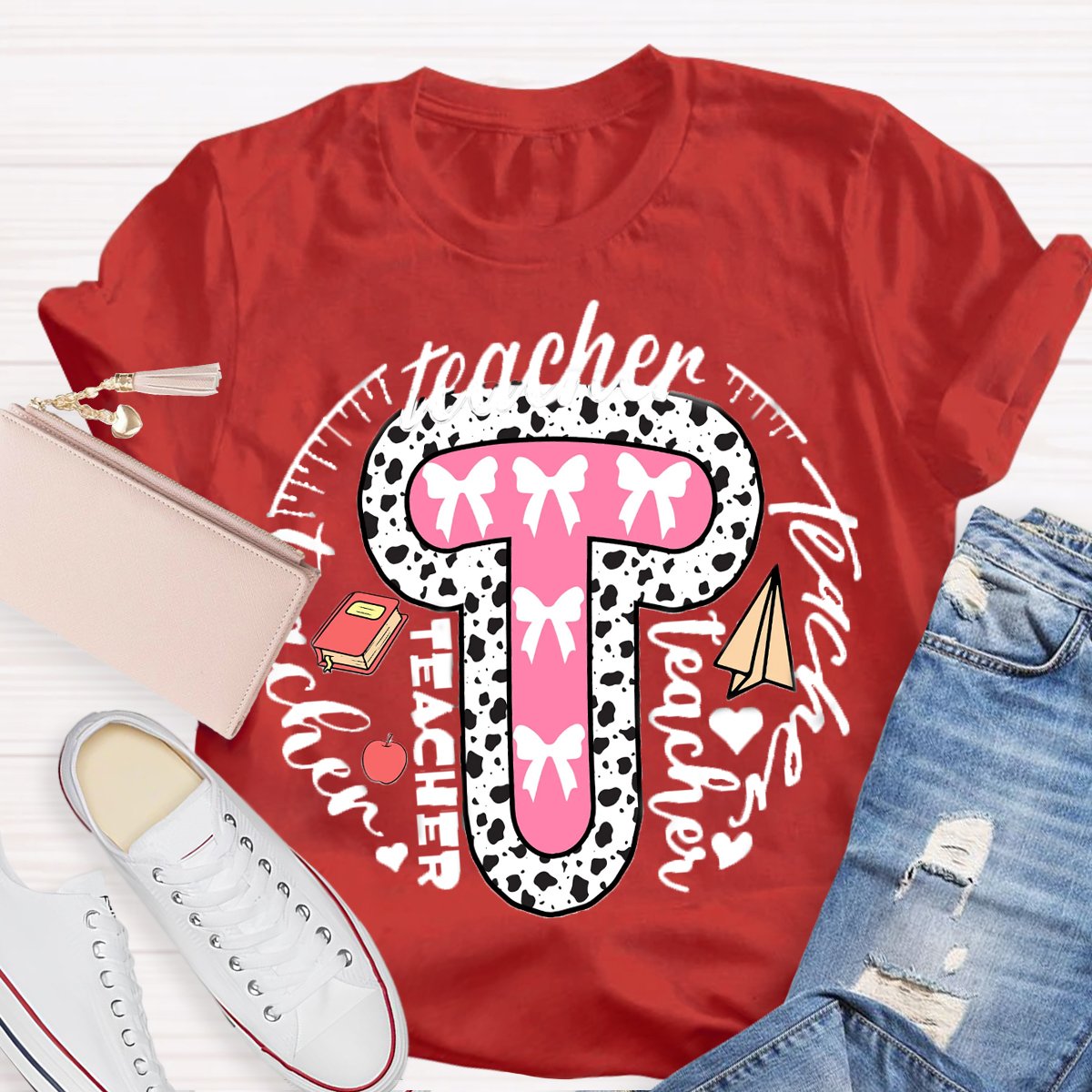 Teacher Typography Bow Print T-Shirt