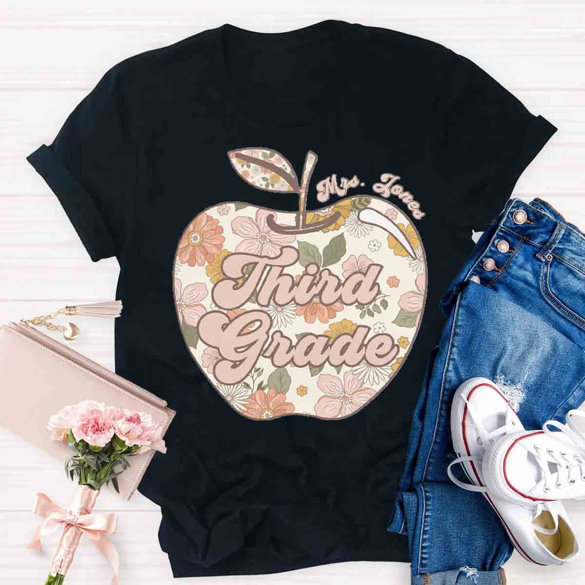 Personalized Grade And Name Apple Floral Teacher T-Shirt