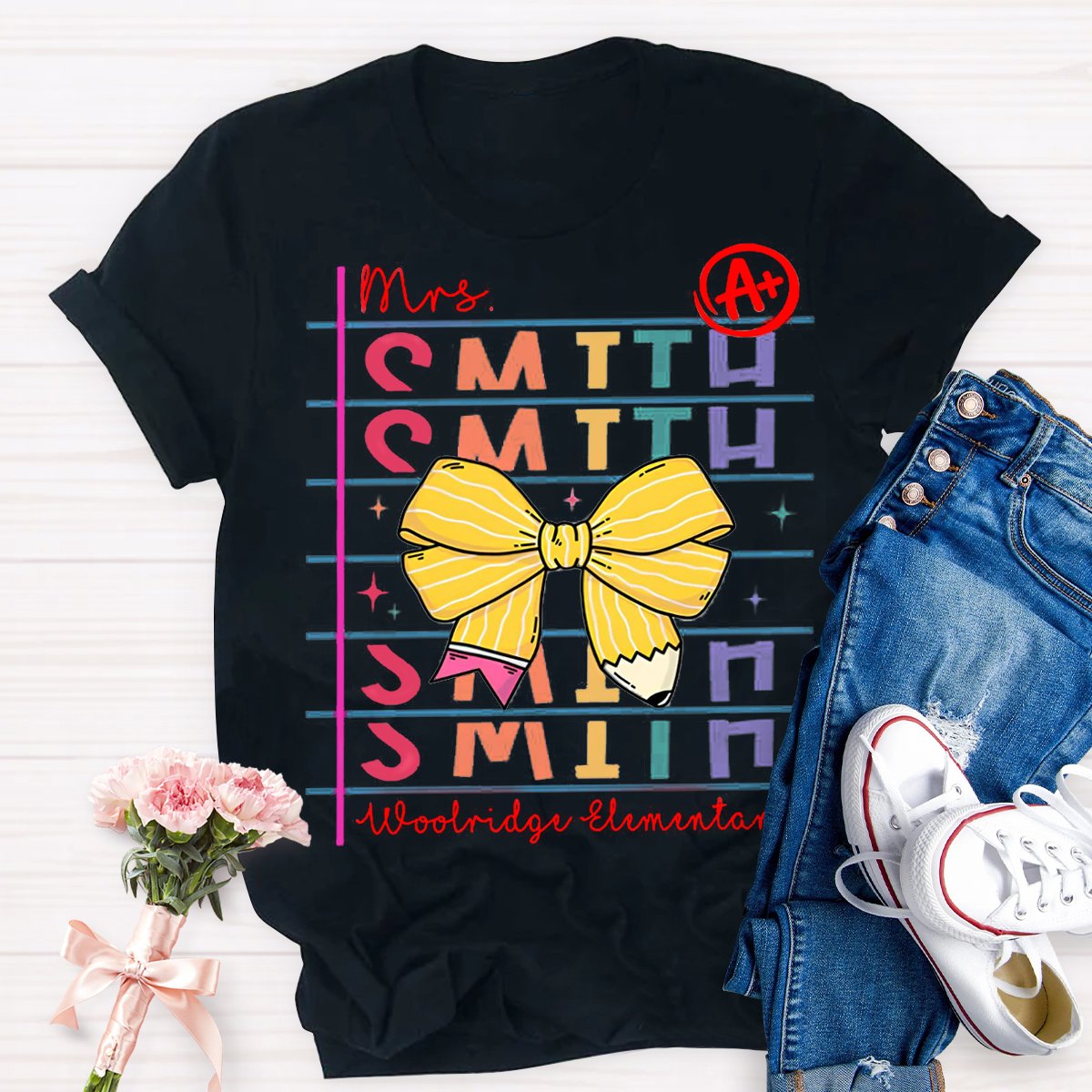 Personalized Teachers Name And School Name Bow pencil design T-Shirt