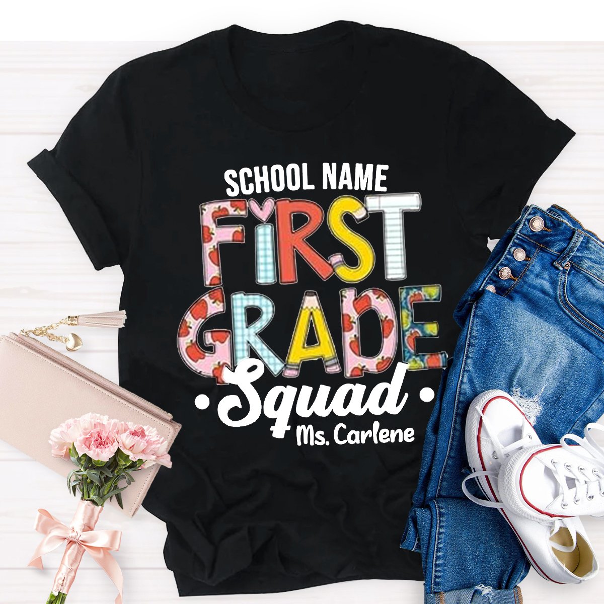 Personalized School Name And First Grade Teacher Shirt